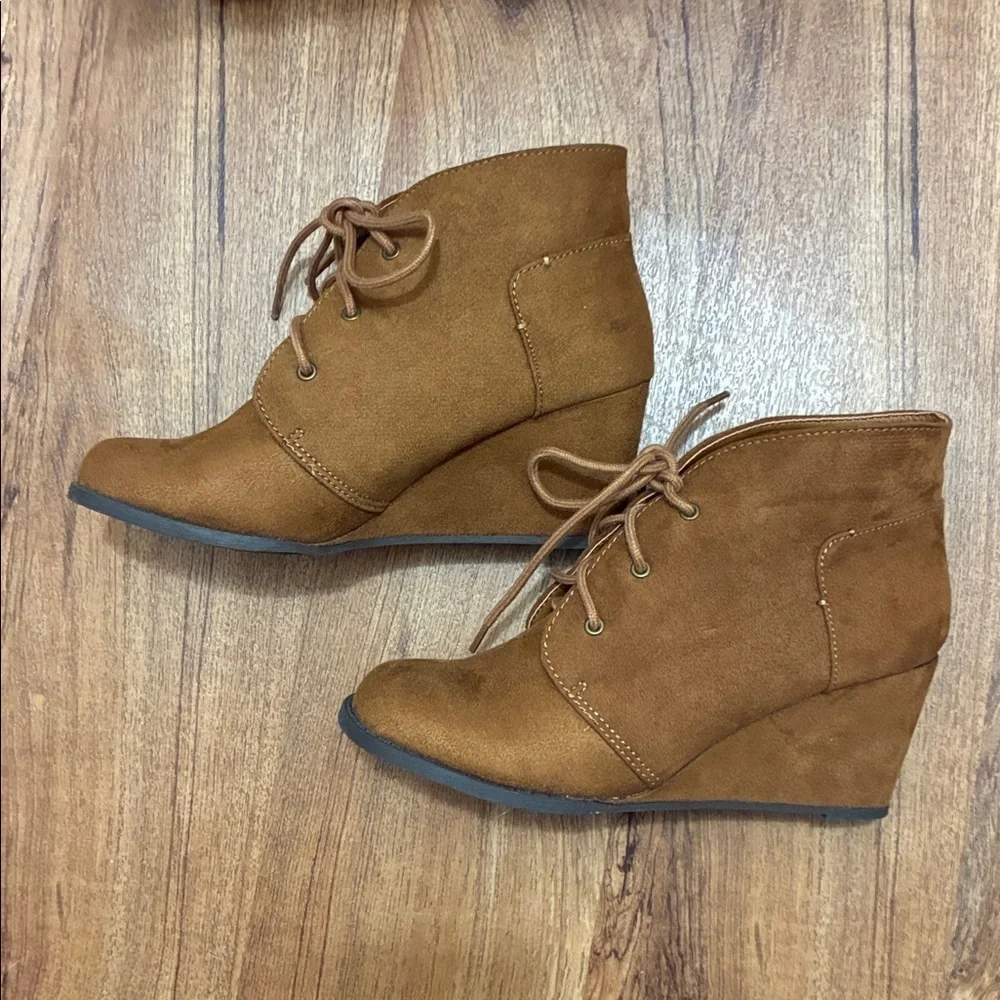 Authentic American Heritage Brown (Cognac) Ankle Boots Faux Suede 3” Wedge Heels